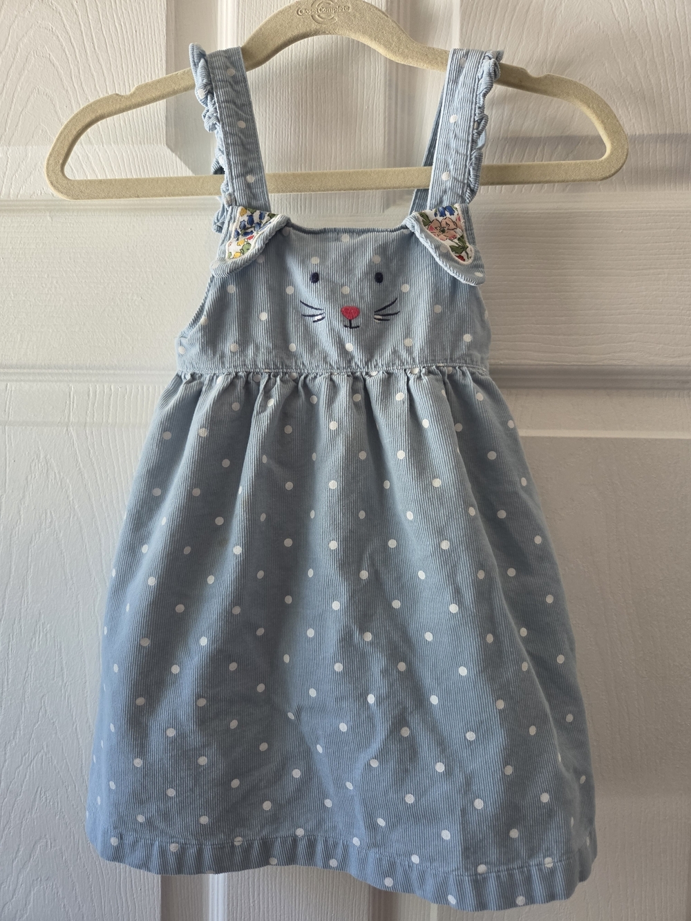 Boden Light Blue Polka Dot Girls' Corduroy Pinafore Dress with Bunny Face 6-12M